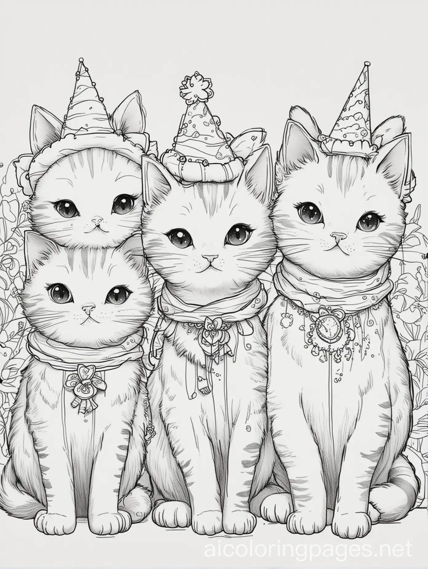 cute cats dressed for a party , Coloring Page, black and white, line art, white background, Simplicity, Ample White Space. The background of the coloring page is plain white to make it easy for young children to color within the lines. The outlines of all the subjects are easy to distinguish, making it simple for kids to color without too much difficulty