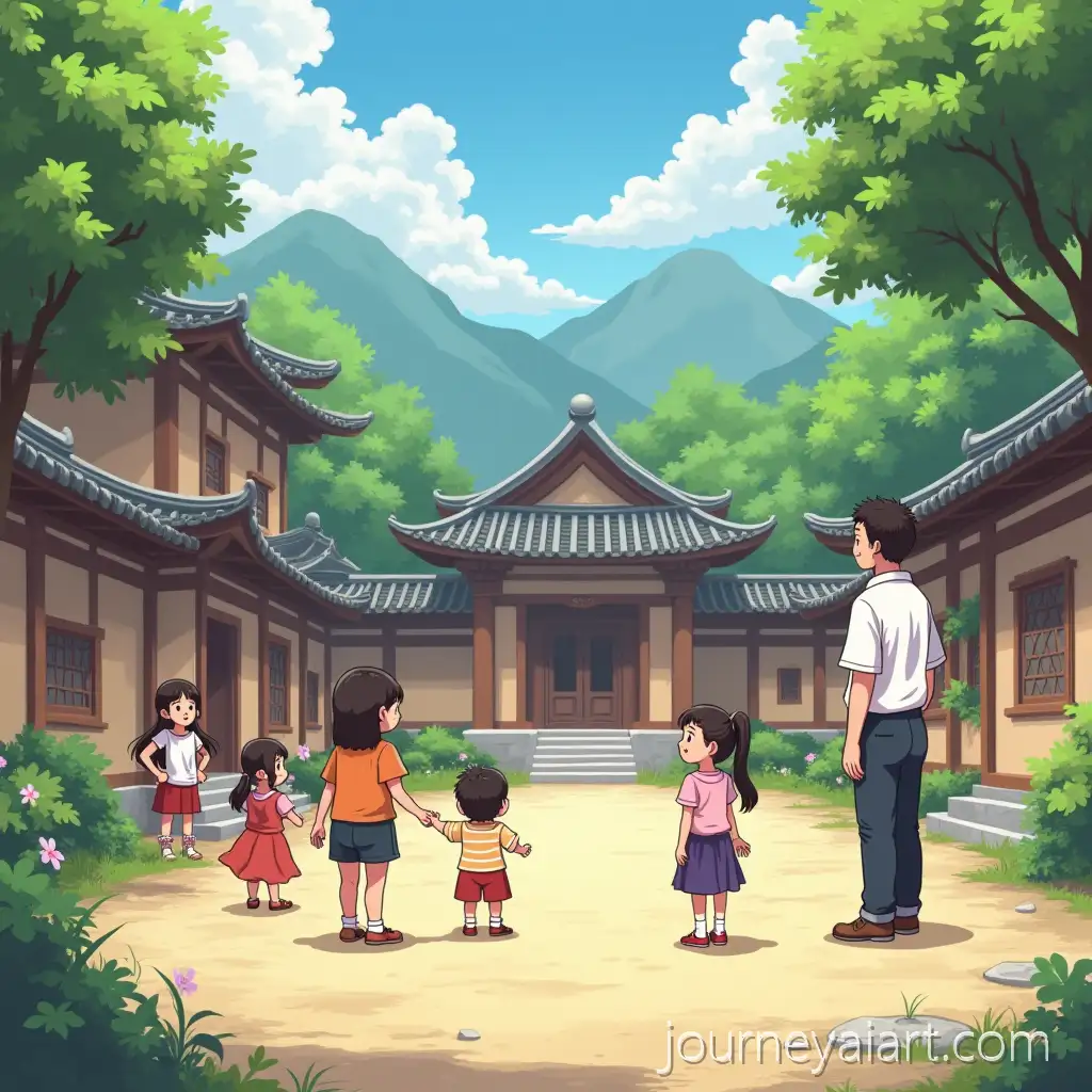 Family-Playing-Games-in-a-Rural-Palace-Courtyard-with-Children-and-Father-in-Anime-Style