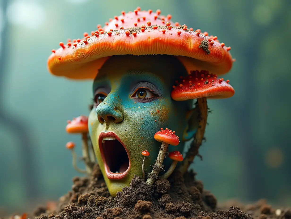Face with colorful mushroom in mouth roots transformed into building