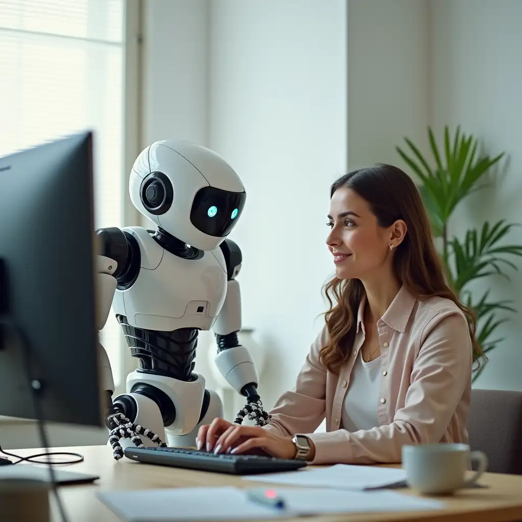 An image of a cute robot helping a human with her computer in the office work.