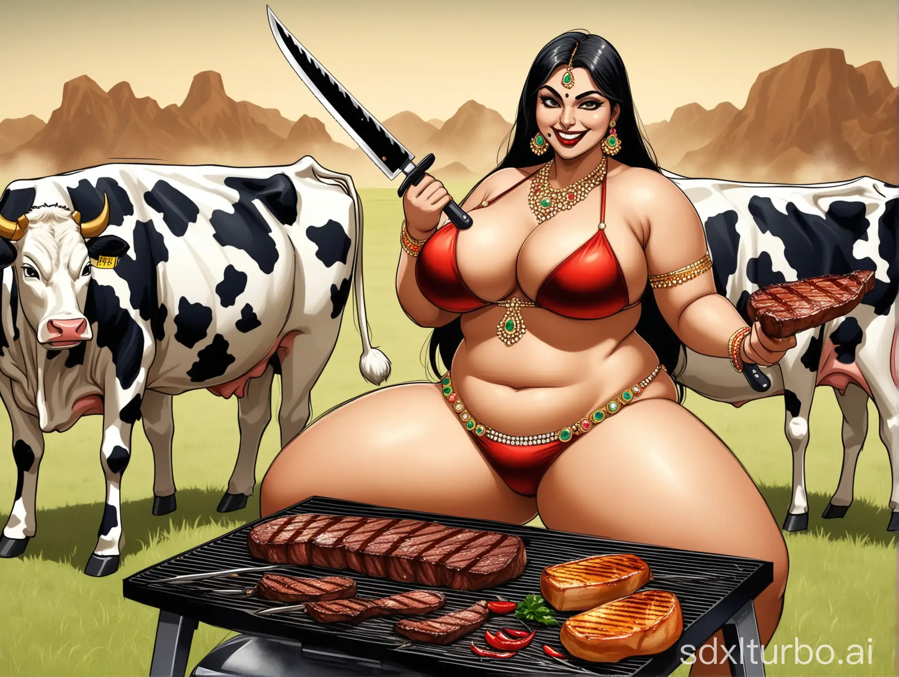 Indian-Woman-Cooking-Steak-in-Bikini-with-Evil-Smile