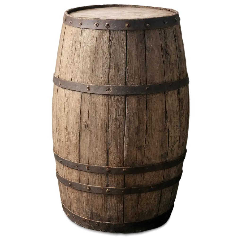 An old wooden barrel standing alone on a rough stone floor. The barrel is weathered and cracked, with rusty metal bands holding the wooden planks together. The wood shows signs of age—scratches, dark stains, and moss growing at the base. Soft, natural light falls on the barrel from one side, casting long shadows. The background is dark and rustic, adding a moody, vintage atmosphere
