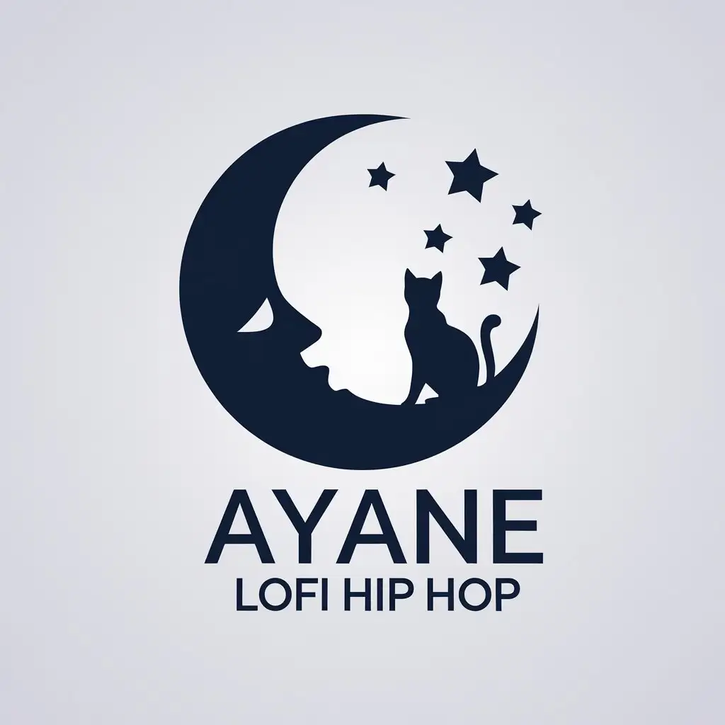 LOGO Design for Ayane Lofi Hip Hop Navy Blue White with Moon Cat and Stars Theme