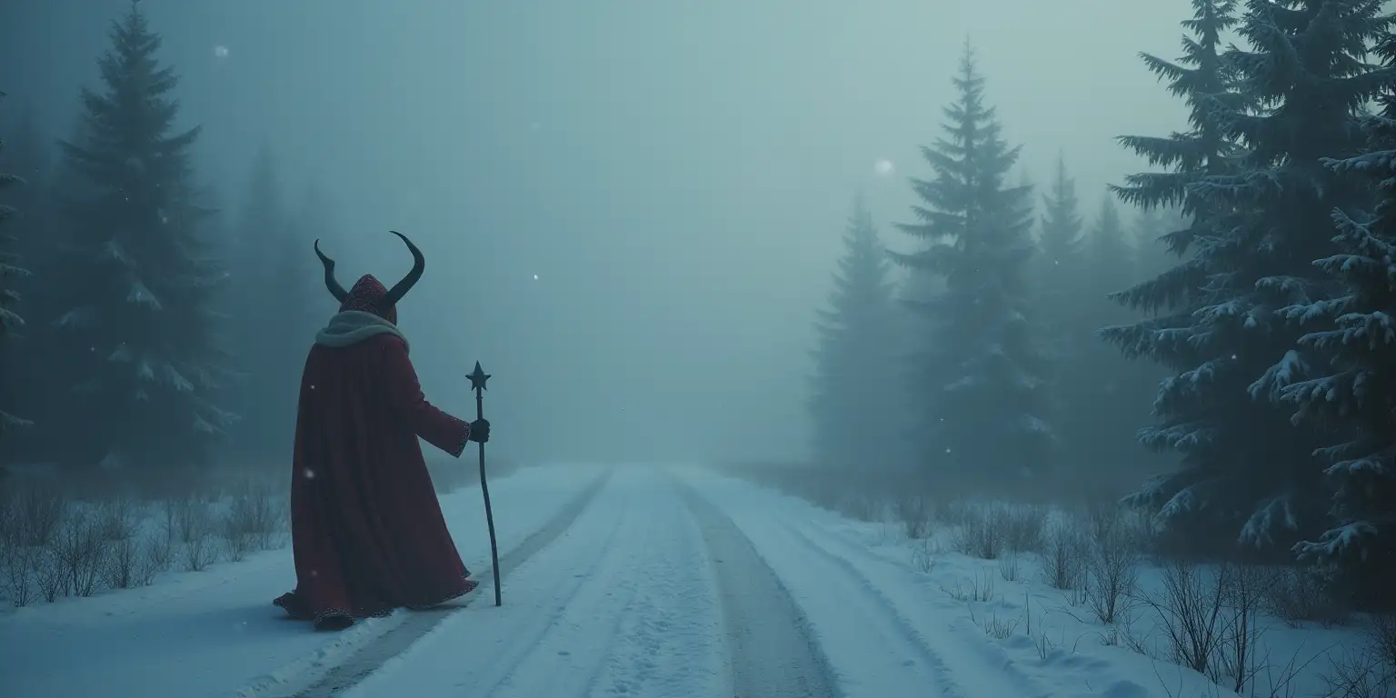 Mysterious Christmas Landscape with a Foggy Atmosphere and Christmas Demon