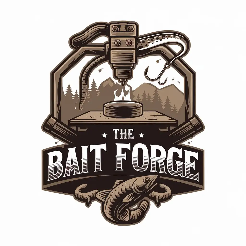 LOGO Design for The Bait Forge Vector Design Featuring 3D Printer and Fishing Lure Elements