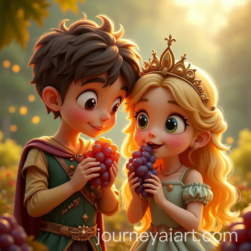 Golden-Prince-and-Princess-Tasting-Magical-Grapes-with-Amazed-Expressions