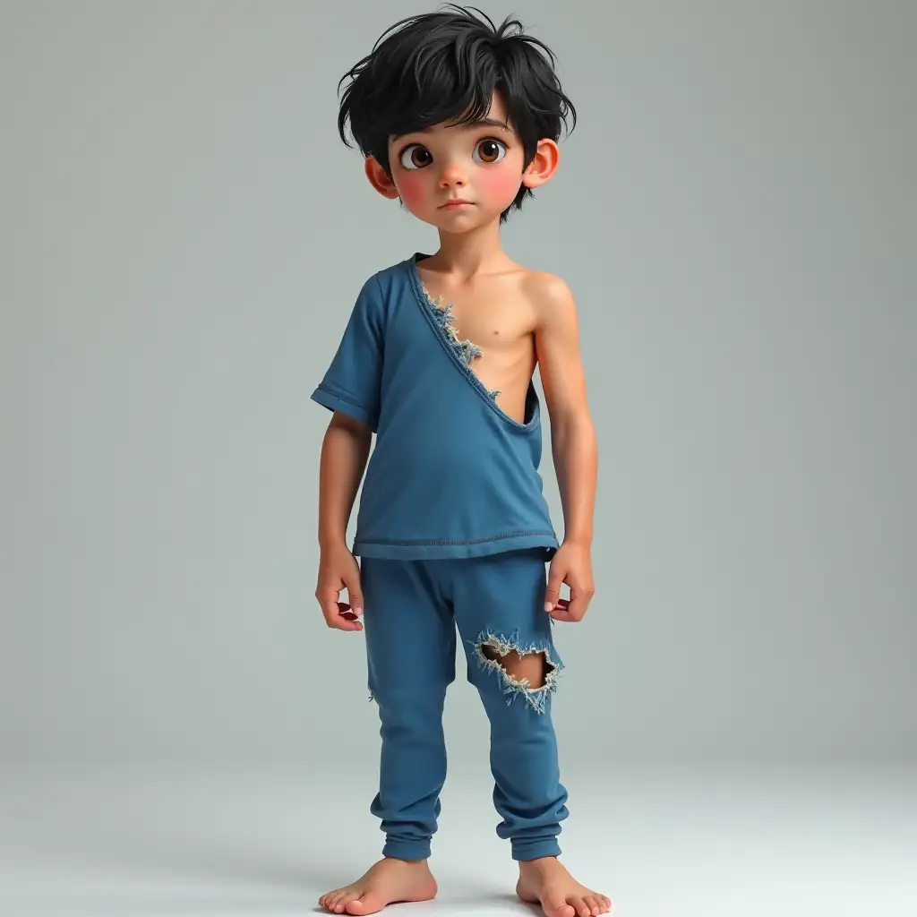 Boy, 12 years old, dark hair, brown eyes, white skin, shirtless, blue pyjama jersey top with right sleeve torn off, right shoulder torn apart, front right side hanging down, a large hole in left side, matching pyjama leggings with hole in the knee, bare feet. Looking determined, looking like a leader. no background.