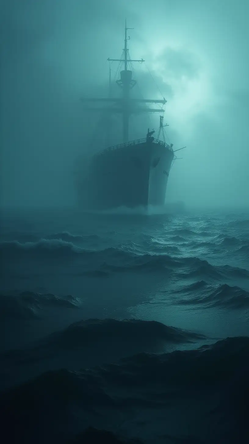 Mysterious Fog Over Haunted Waters Surrounding an Abandoned Ship