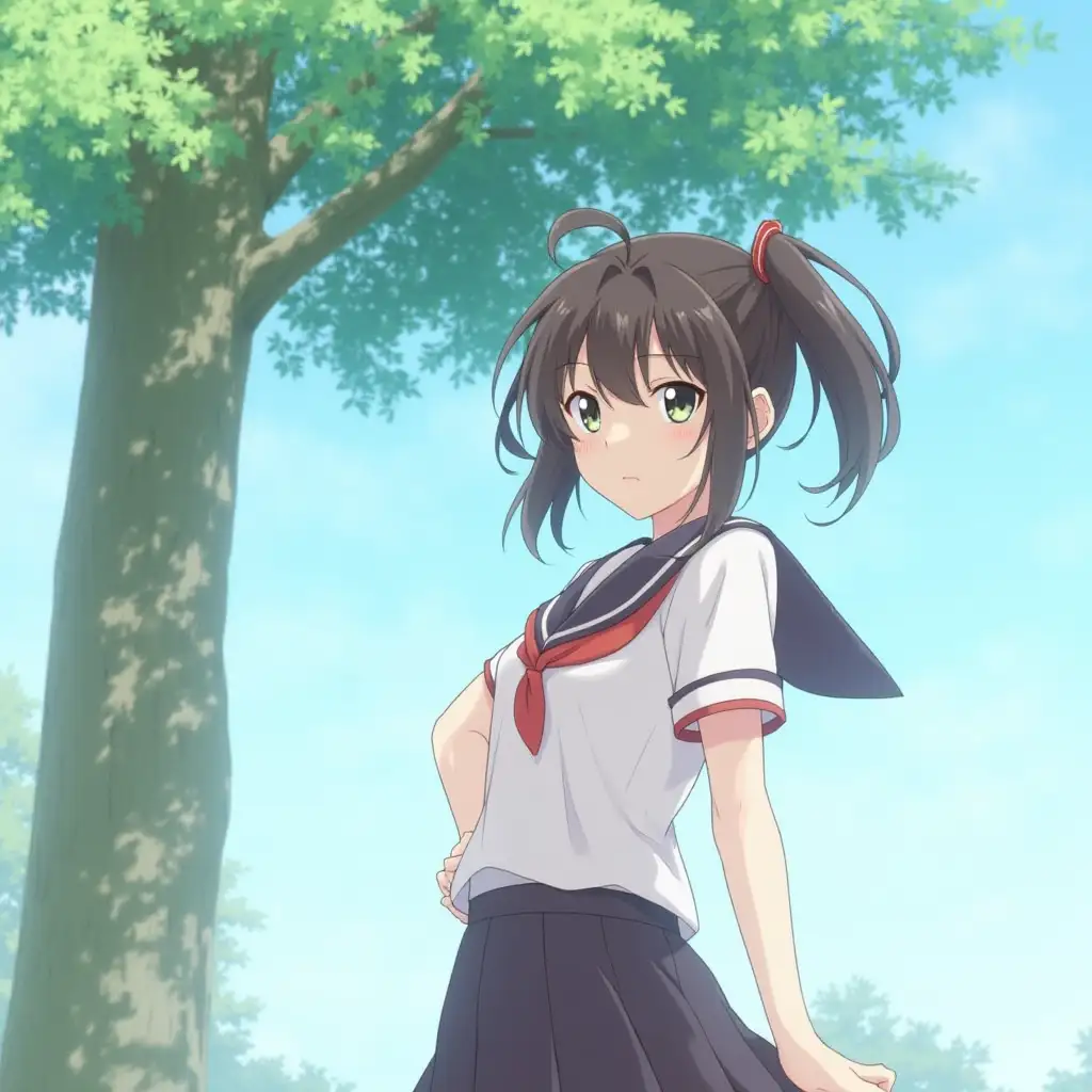 score_9, score_8_up, score_7_up, japanese girl, school uniform, serafuku, looking at viewer, outdoors , blue sky, tree, dappled sunlight, sunlight