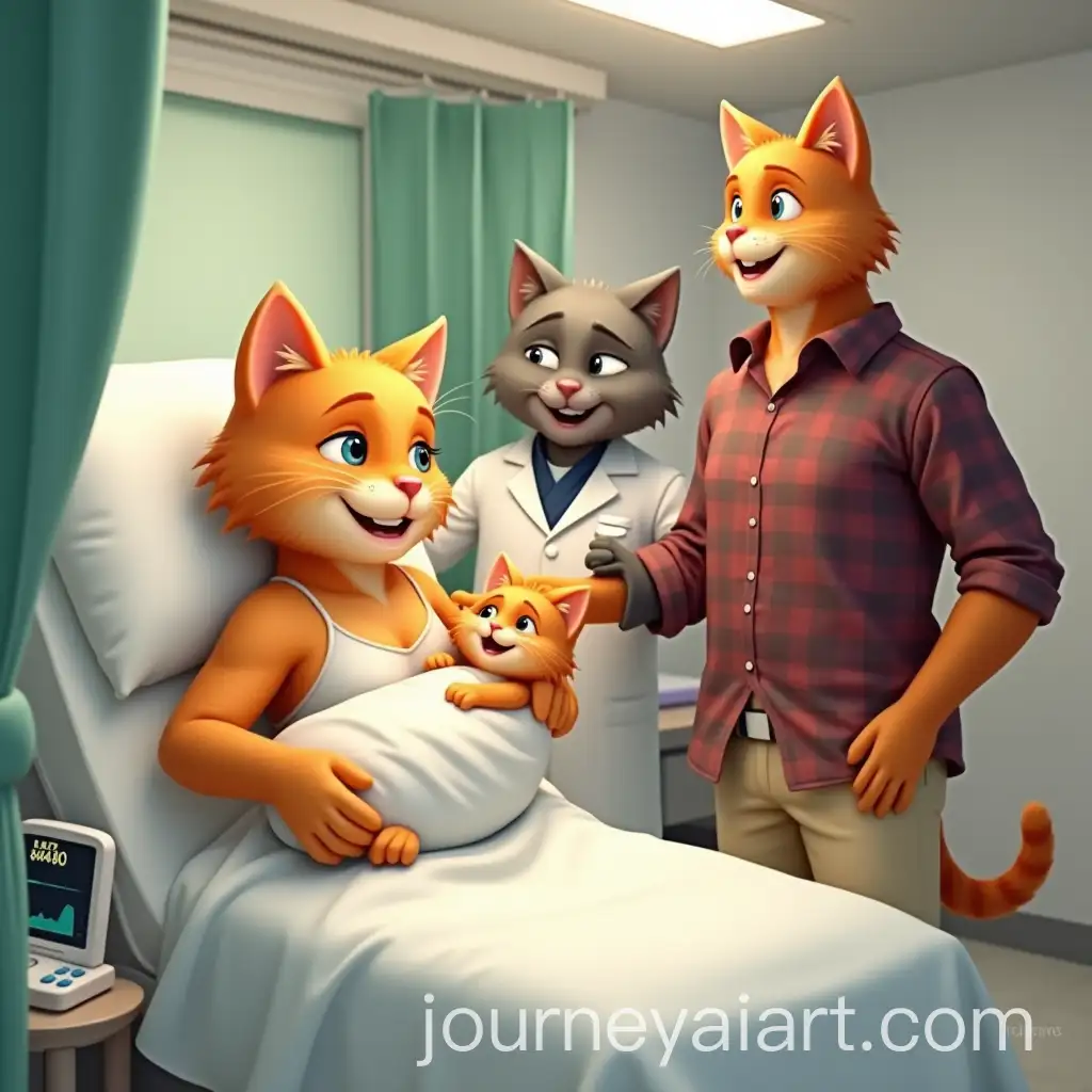Newborn-Orange-Cat-in-Hospital-Bed-with-Proud-Parents-and-Gentle-Doctor