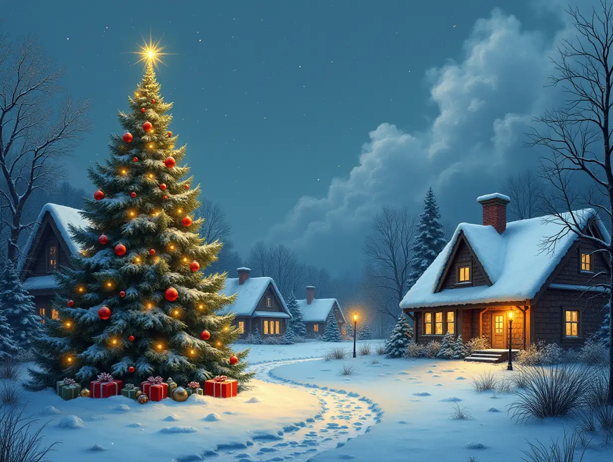 Ki fantasy with Christmas tree,Snow,People,Presents,Houses with Smoking chimneys