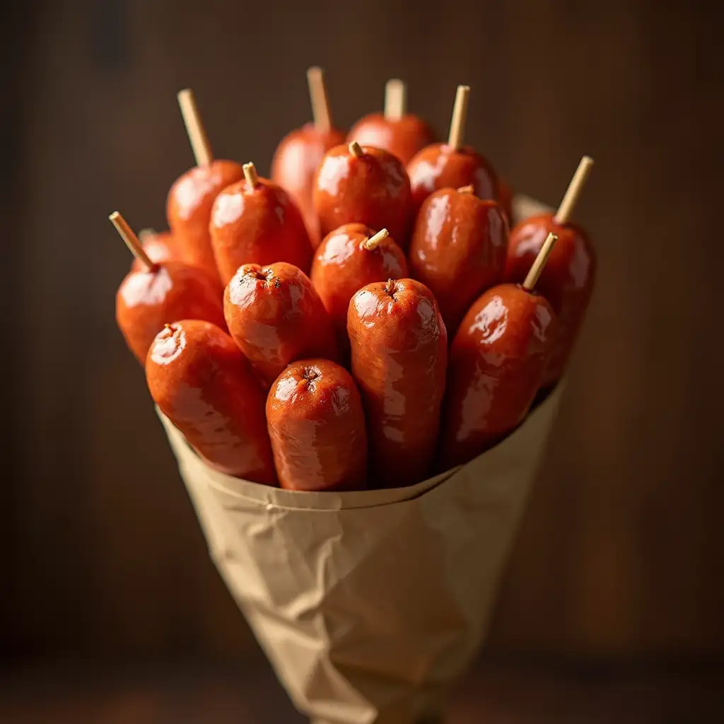 a bouquet of sausages on a stick