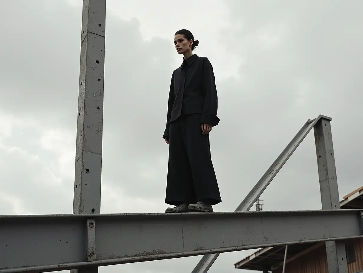 Generate a fashion setting where Yohji Yamamoto's minimalist garments contrast with the intricate beauty, creating a powerful visual narrative of simplicity and complexity. The model is standing on a steel beam on a house construction