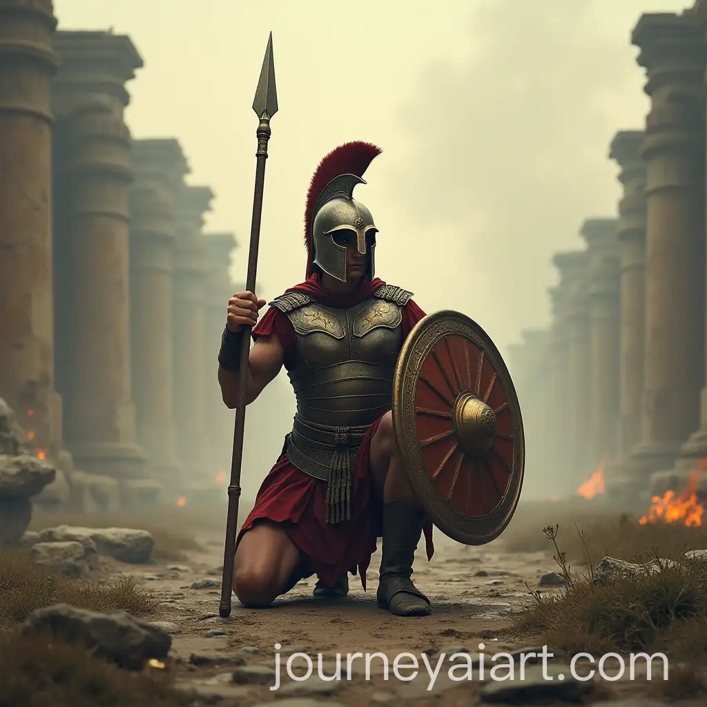 Spartan-Warrior-Kneeling-Amid-Ancient-Ruins-and-Flaming-Fog-with-Spear-and-Shield