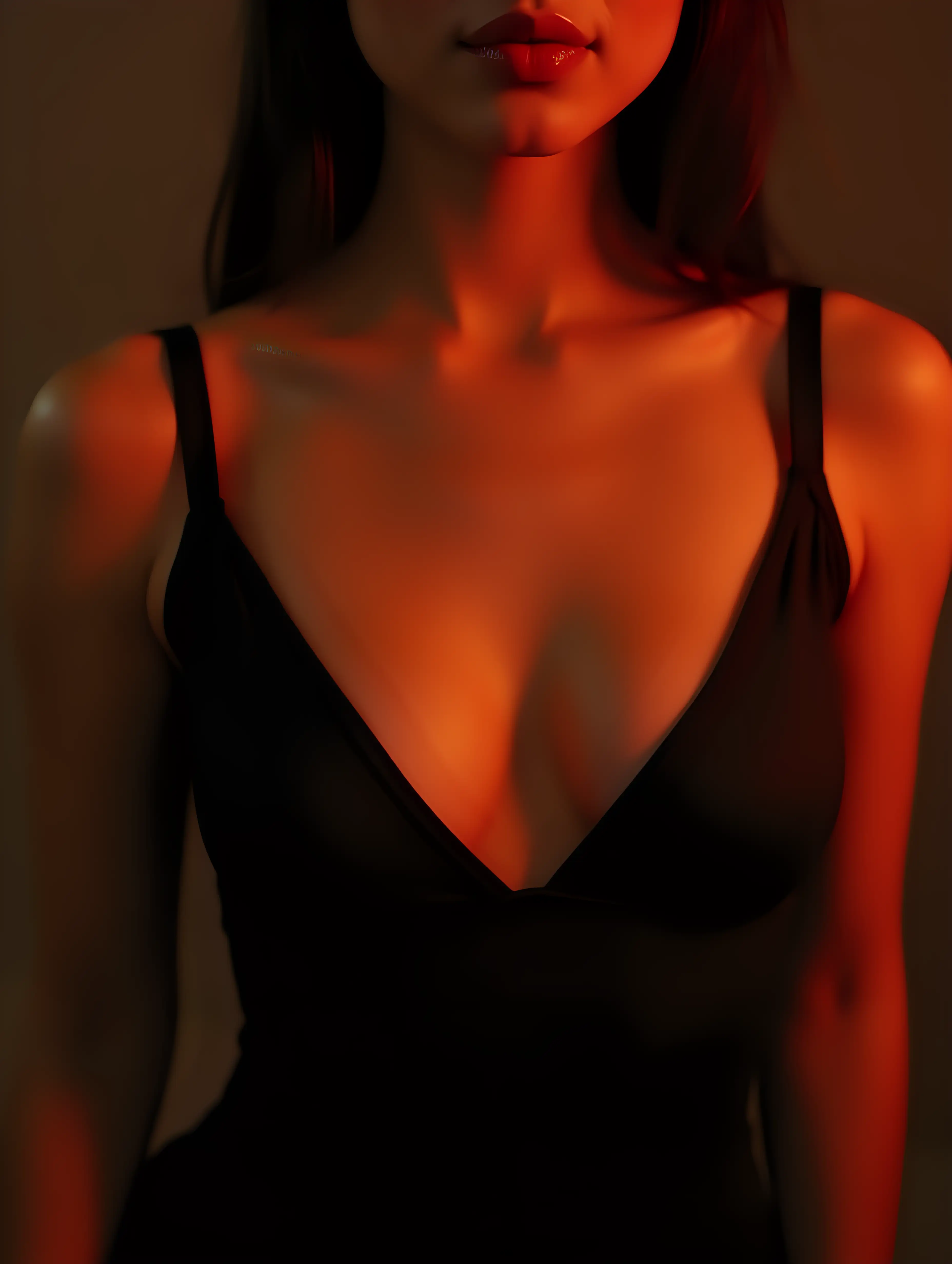 Closeup-of-Busty-Young-Woman-in-LowCut-Black-Party-Dress-Under-Bright-Fire-Light