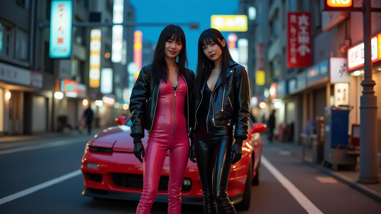 Asian-Punk-Women-in-Shiny-PVC-Outfits-at-Dusk-in-Japanese-Street-with-Nissan-180sx