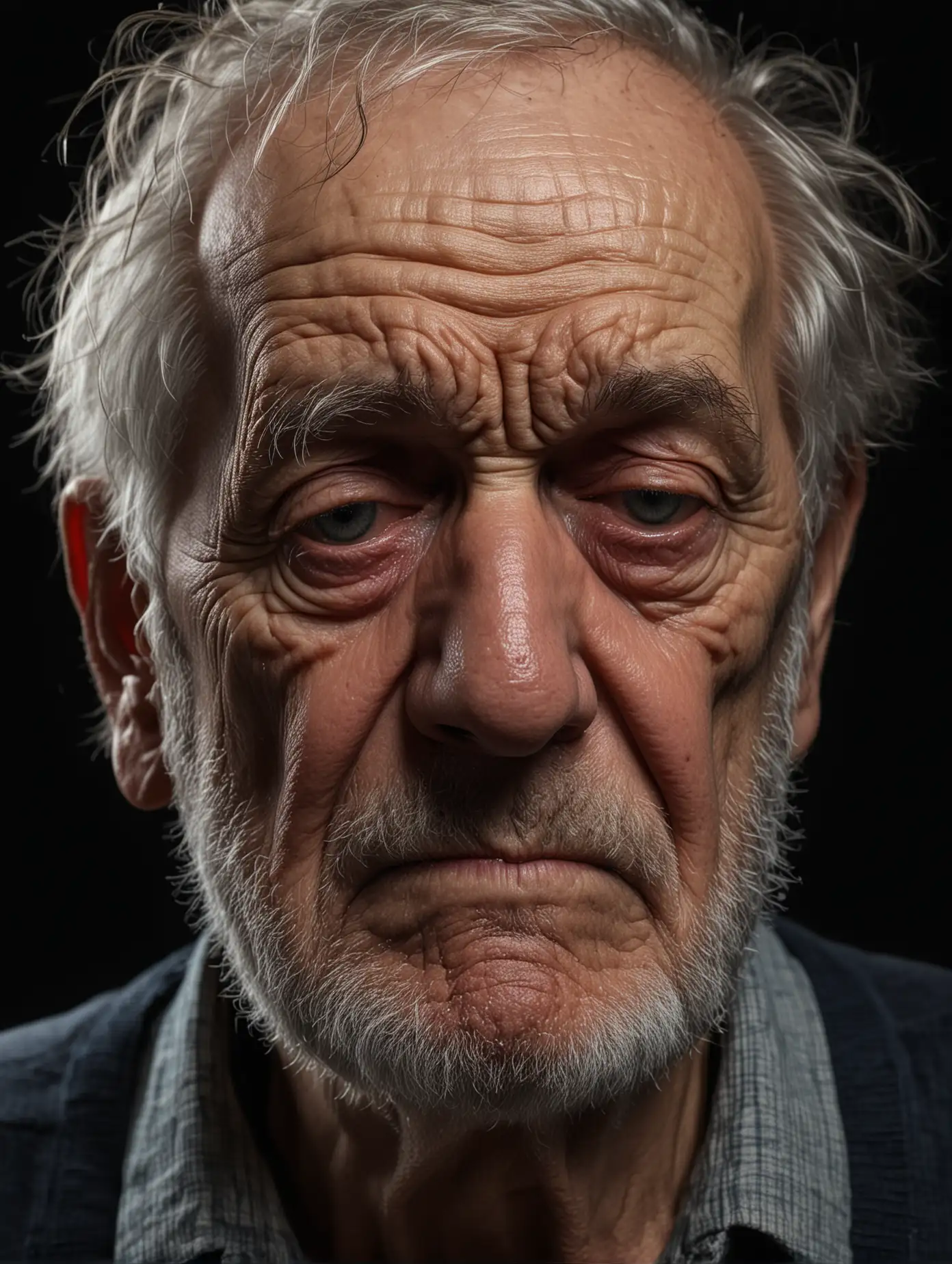 An image of a very tired old man, black background settings, highly details  The facial expression reflects wisdoms and test of time. (Masterpiece), UHD, ((Highly details),