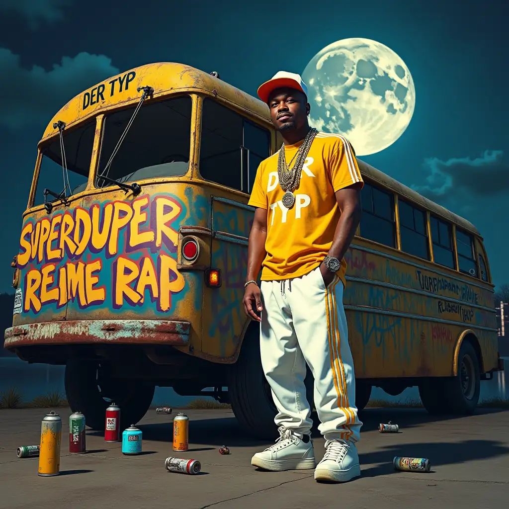 In the foreground is a white 30-year-old hip hop superstar, in a white tracksuit with yellow stripes, Oldscool style, yellow t-shirt with the inscription in large 'DER TYP' base cap, white sneakers, hung with lots of gold chains, he looks with bright red eyes, you can see the red veins, directly into the camera, he smiles as if he has stepped away, in one hand he holds a spray paint can and sprays it on the camera side of an old rusted and outdated decommissioned bus standing behind him. On the bus Behind the Hip Hopper is a huge old school graffiti, with a turntable, microphone, speaker, boombox artistically sprayed, in the middle it says 'SUPERDUPER REIME RAP' in large graffiti writing, on the floor in front of the bus there are used empty spray cans of different colors lying around, it is night, a skyline illuminated in the background in the form of a huge equalizer, up in the sky the moon is smiling contentedly With a joint in your mouth, do everything in great detail in hip hop record cover style.