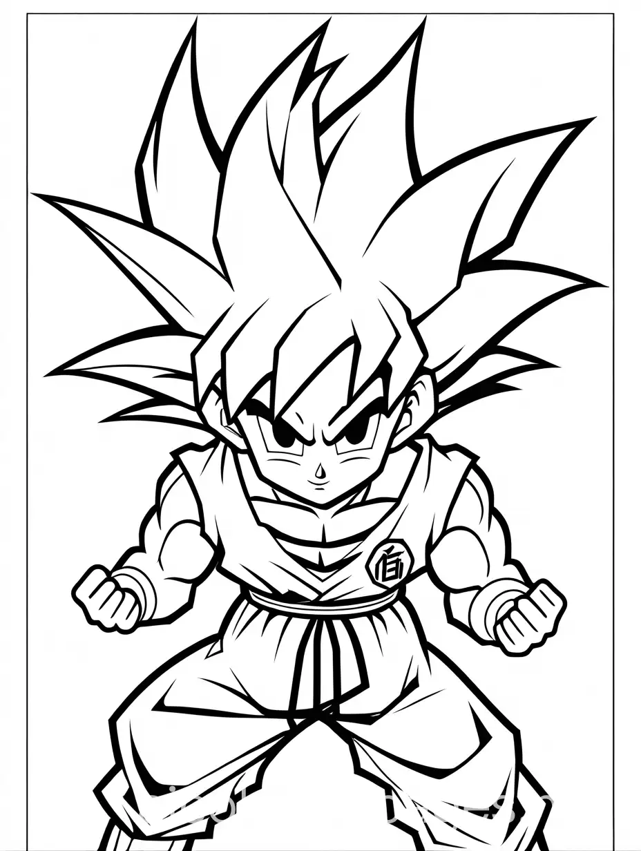 Goku with black lines and white background for children to paint, Coloring Page, black and white, line art, white background, Simplicity, Ample White Space. The background of the coloring page is plain white to make it easy for young children to color within the lines. The outlines of all the subjects are easy to distinguish, making it simple for kids to color without too much difficulty