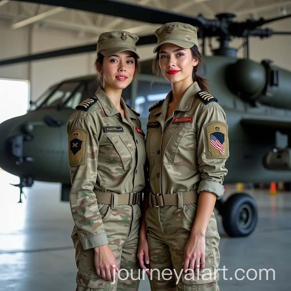 Russian-Military-Woman-in-Camouflage-Uniform-Next-to-AH64D-Apache-Helicopter-in-Military-Hangar