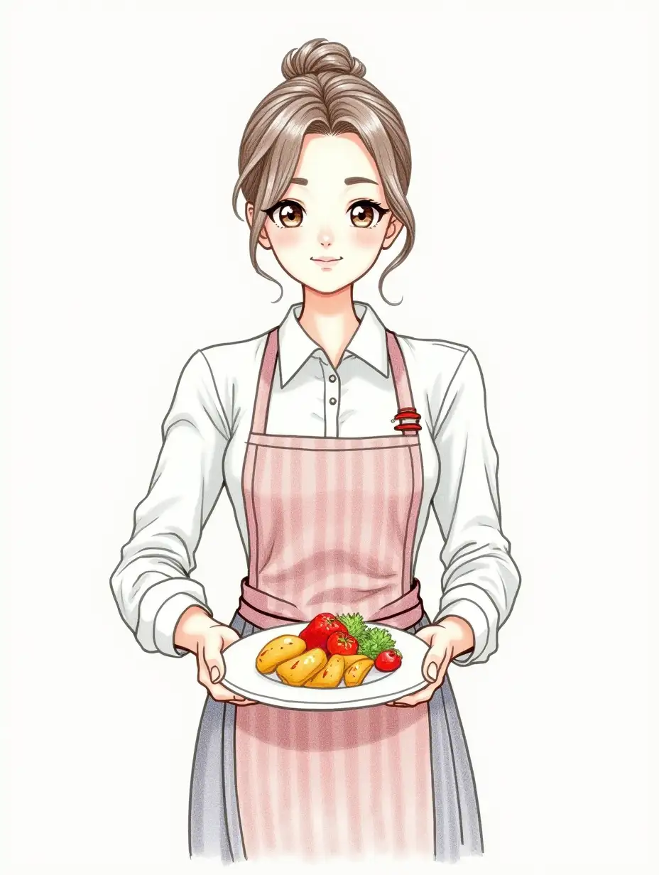 waitress girl drawn with one line, black line, colored pencil clothes, in hands holds a plate with colorful food, portrait