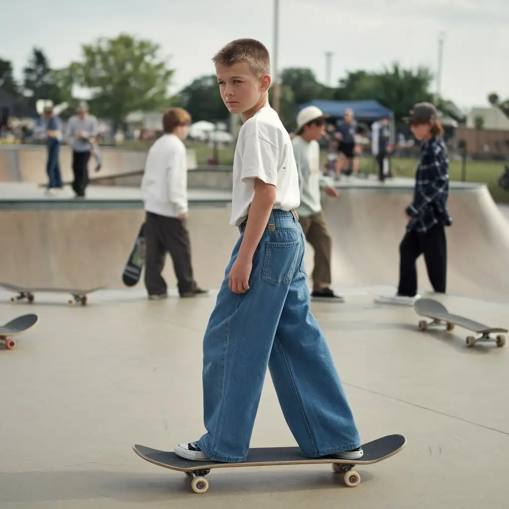 12-year-old white short American boy who was hanging out at the skate park with his skater friends. It was the year 1993 and they were wearing blue wide legged Jnco jeans.