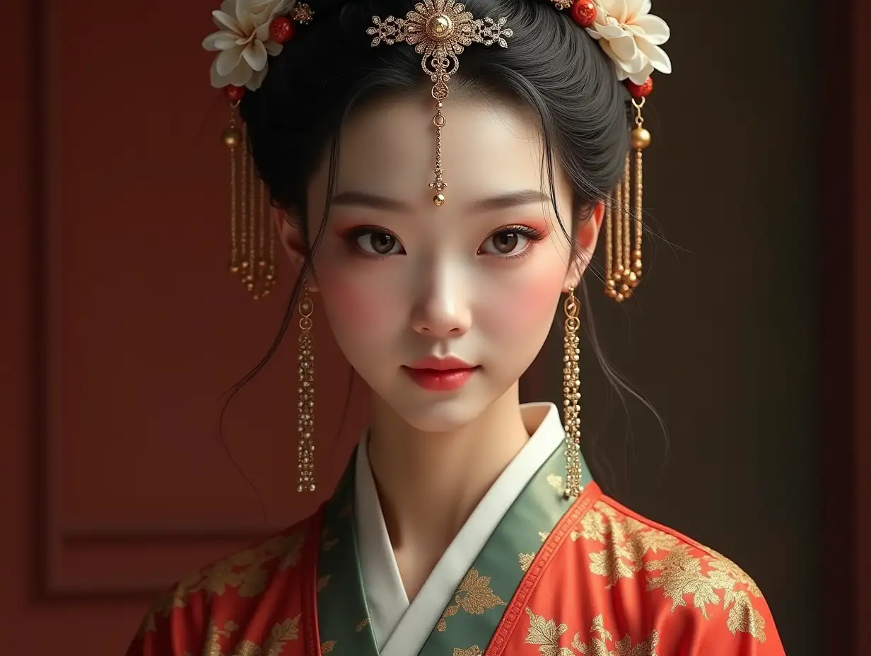 digital photo, full body portrait, ancient Chinese Tang dynasty goddess, best quality, masterpiece, realistic, luxurious, extravagant, stylish, opulent, elegance, stunning beauty, professional, high contrast, more detailed face