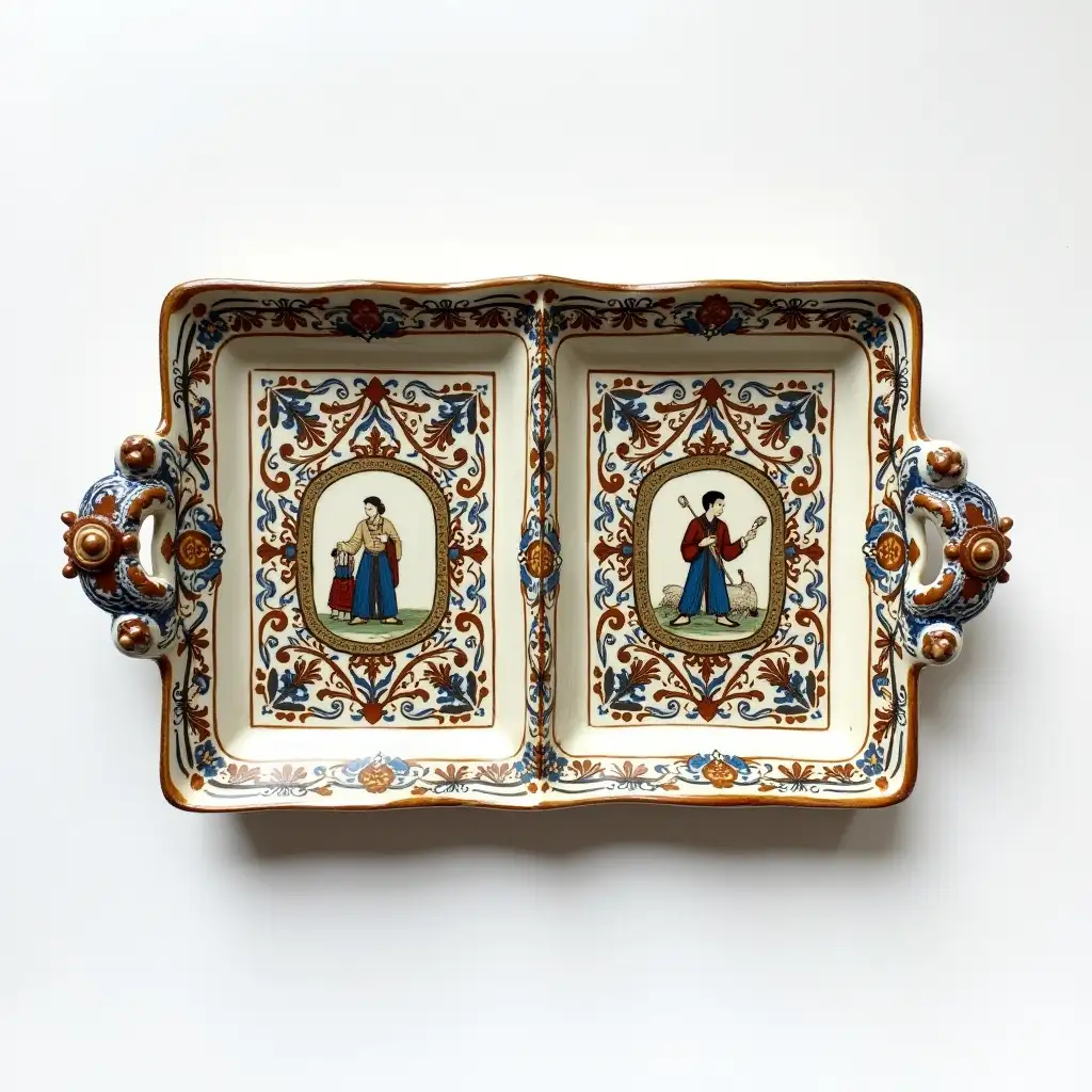 Two divided rectangle ceramic tray plate with embossed beautiful  ceramic handle, Underglaze painting on white body, Fine art, Hyper detailed, Antique and old, Qajar art, Iranian Tabriz carpet design