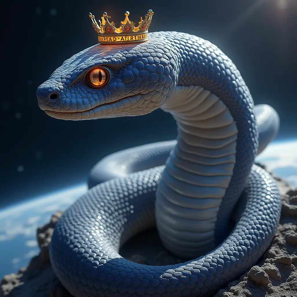 a huge space snake with a crown on its head, coiled around planet Earth and winking at viewers. Fantastic art style.