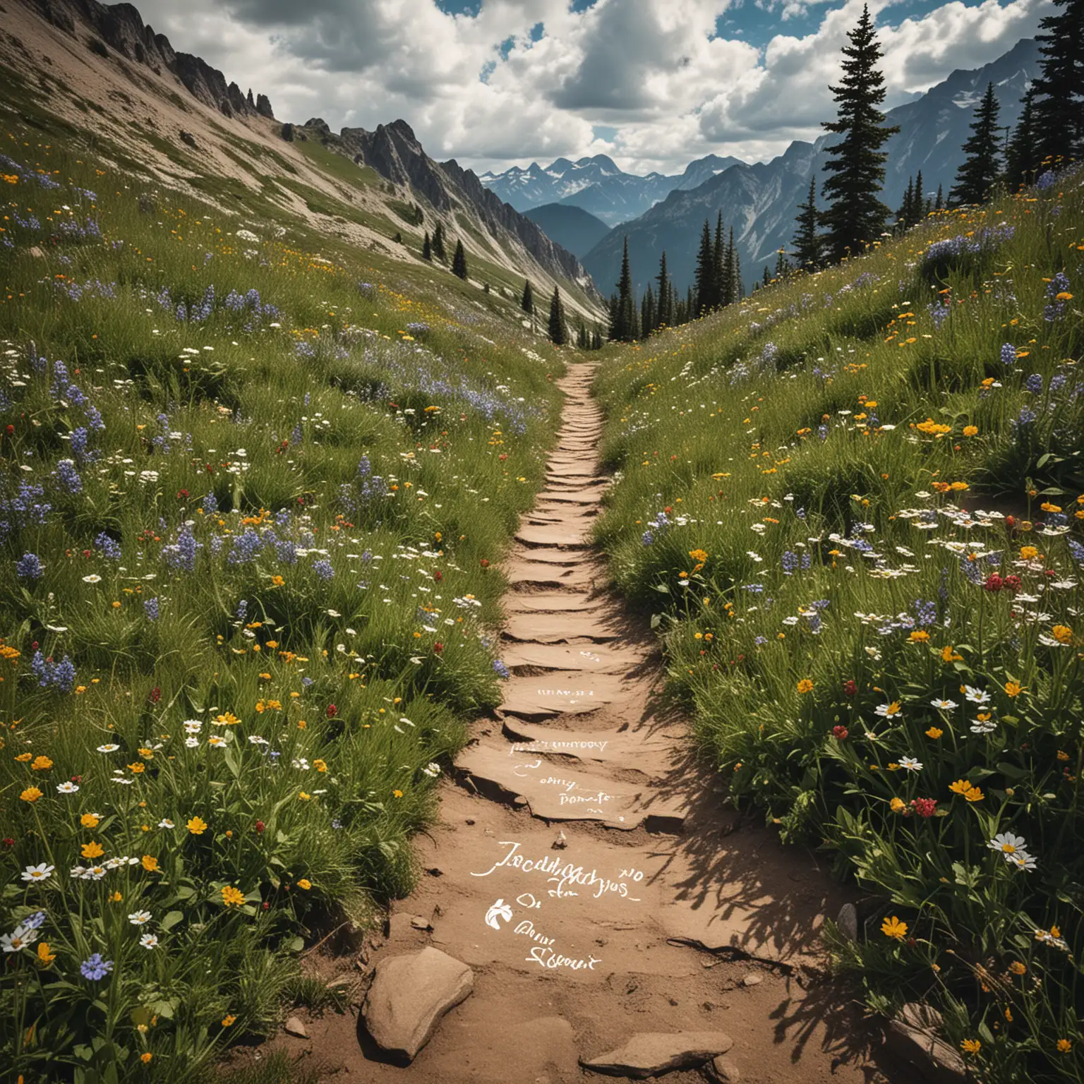 **Visual Prompt**: A detailed mountain trail with footprints leading up to a summit, surrounded by wildflowers and trees.n   - **Typography**: Rustic Serifn   - **Text Caption**: 'Journey to the Summit'