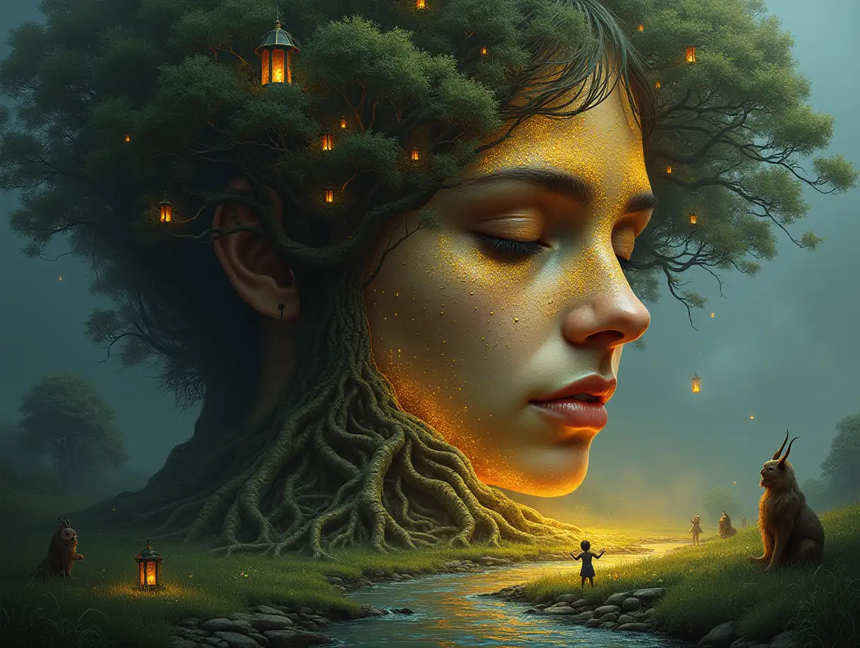 Creating a digital painting of a face with hair, that transforms into a building with gold stones and illuminated trees with roots river and lanterns and strange fairy creatures on a meadow