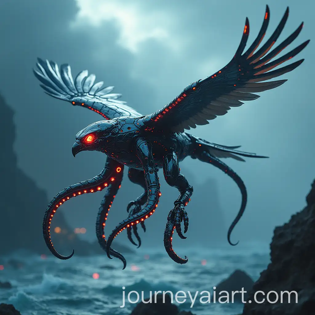 Futuristic-Hybrid-of-Octopus-and-Eagle-Flying-Over-Dystopian-Ocean