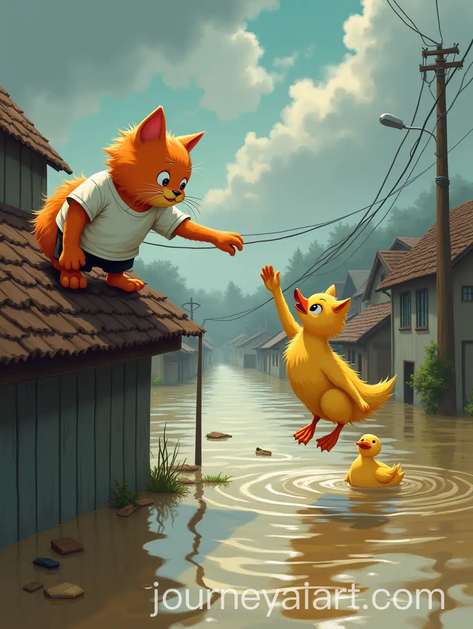 Orange-Cat-Helping-Drowning-Duck-During-Flash-Flood-Rescue