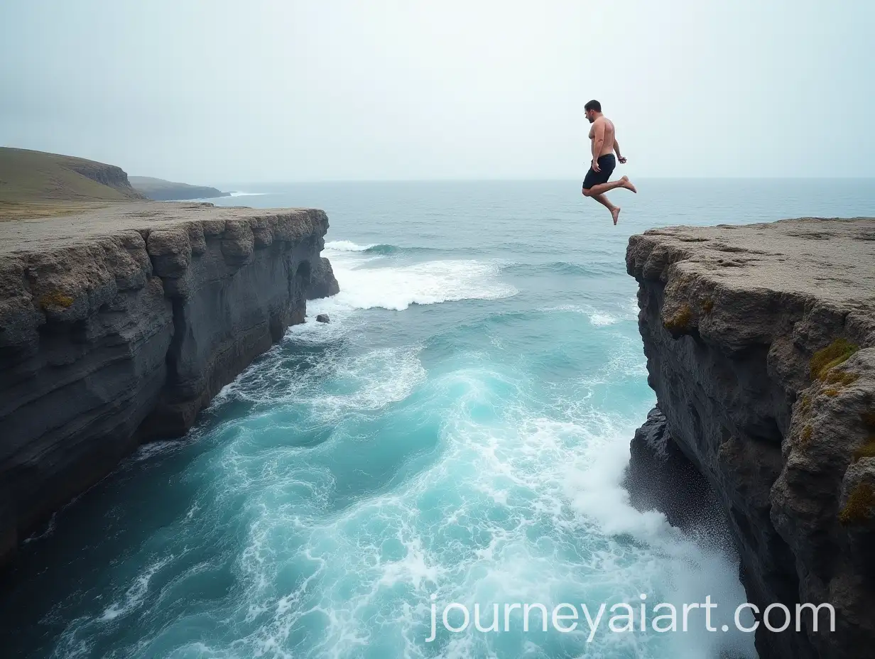 Man-Leaping-from-Cliff-into-Ocean-Waves-in-Scenic-Landscape