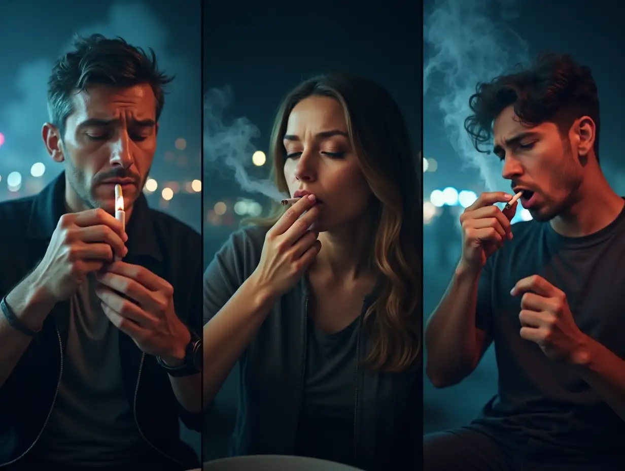 A montage of different people smoking in various situations: a man in his early 30s lighting a cigarette with a tired expression, a woman in her 40s exhaling smoke while looking stressed, and a young adult coughing violently while holding a cigarette. The background is dark with neon city lights, creating a moody and dramatic atmosphere. Smoke swirls around them, emphasizing addiction and struggle.