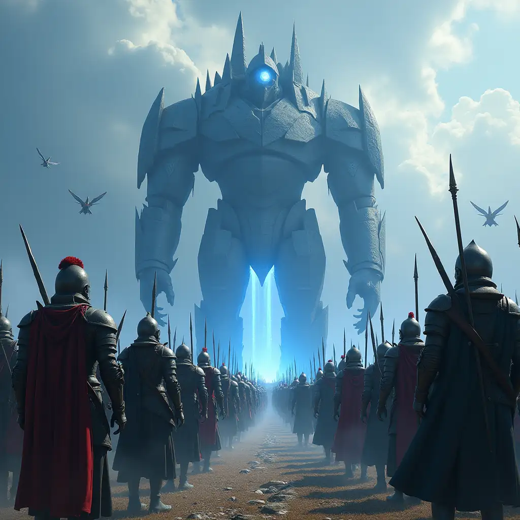 Parade of the garrison of the Elf Empire Army. Rows of Elf warriors, dressed in armor. Flying magical machines float in the sky (not similar to airplanes) their flight is supported by powerful blue crystals. Big stone golem-castles are walking in the distance. The eyes of the golems glow with a blue light. Golems are made of volcanoes, and towers stand on the outskirts.