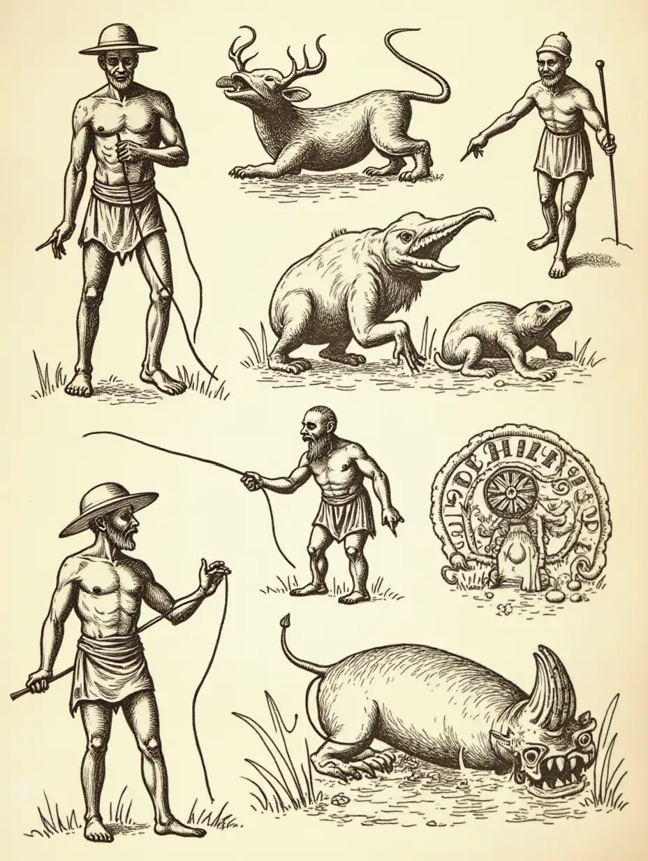 A collage of ancient mythological drawings, including strange creatures, explorers pointing towards the ground, and symbolic references to the underworld, all illustrated in an old, hand-drawn style.