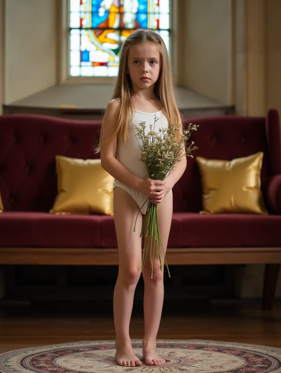 Very slender young girl, pale bare shiny skin. Standing on a rug in front of a stained glass window in a bright stone church. A maroon upholstered bench with gold cushions is behind her. She is holding a bouquet of wildflowers in front of her hips, looking nervously down and to the side.