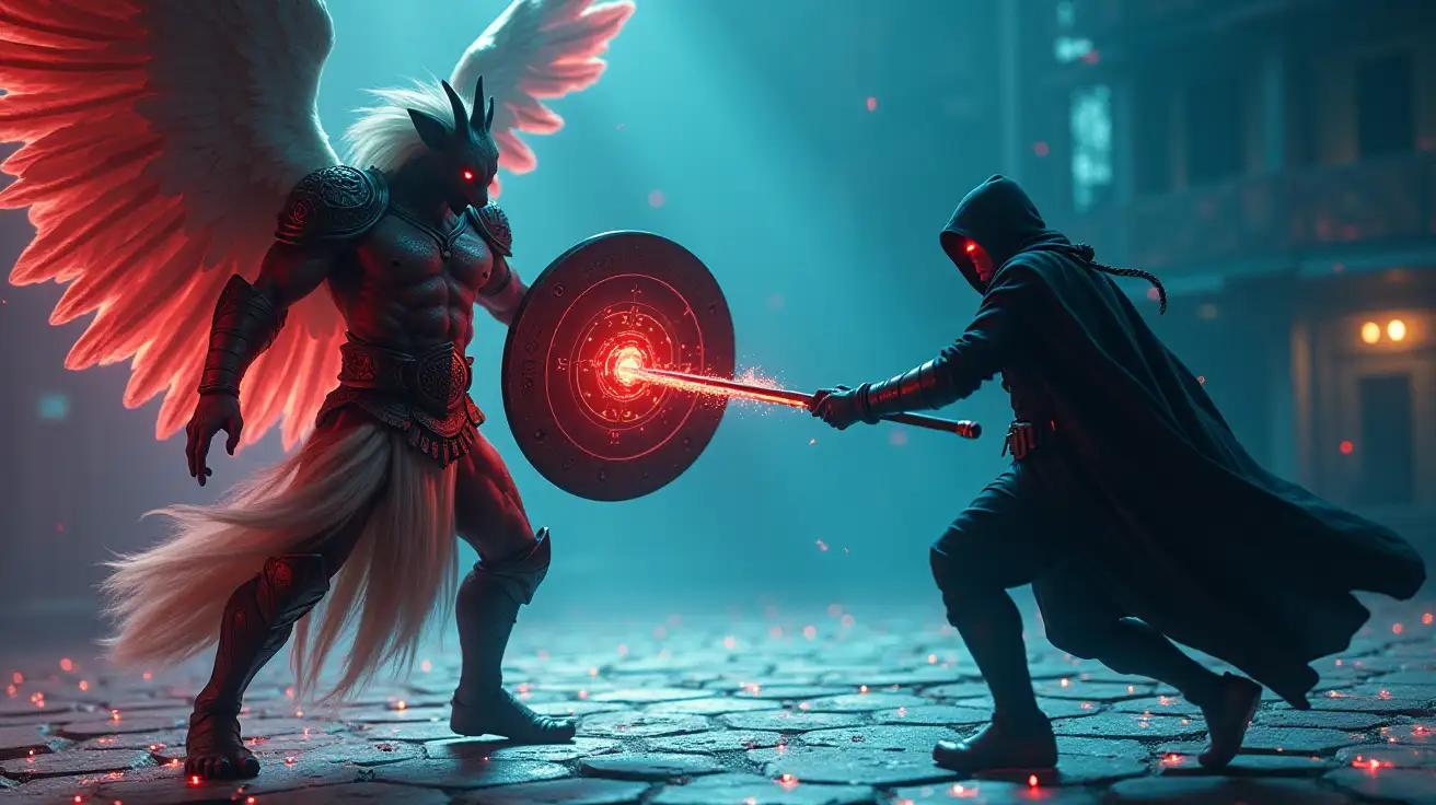 A cinematic, high-stakes digital duel on a glowing hexagonal grid. A battle-hardened, muscular humanoid angel stands in a powerful combat stance, exuding grim authority. His face is fully human, with only the faintest trace of fur along the jawline and subtly pointed ears — barely noticeable, a quiet echo of his origins. His expression is cold and focused, radiating danger. He wears ancient, engraved celestial armor etched with cryptographic runes; immense feathered wings spread wide behind him, casting dramatic shadows. In his left hand, he grips a massive shield emblazoned with a glowing eye-inside-hexagon symbol — a sigil of divine protection and surveillance. In his right hand, he raises a radiant spear overhead, poised to strike with judgment. His posture is commanding, like a deity ready to end the battle with a single blow. Opposing him is a cloaked cyber thief — lean, shrouded in corrupted digital robes, face obscured in darkness with glowing red eyes. He holds a jagged, glitching blade, lowered and braced for impact. Sparks burst where digital weapons meet. The battlefield flickers with broken code, collapsing circuitry, and flowing streams of red and blue light — a warzone between justice and intrusion