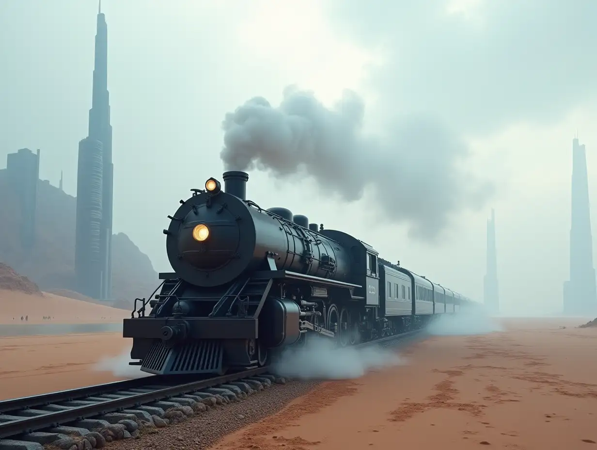 Create a high-resolution realistic image in 4k resolution: a futuristic black locomotive with white on tracks rising in the desert, to the left and right there is a sea with futuristic tall buildings, a cloudy sky with fog