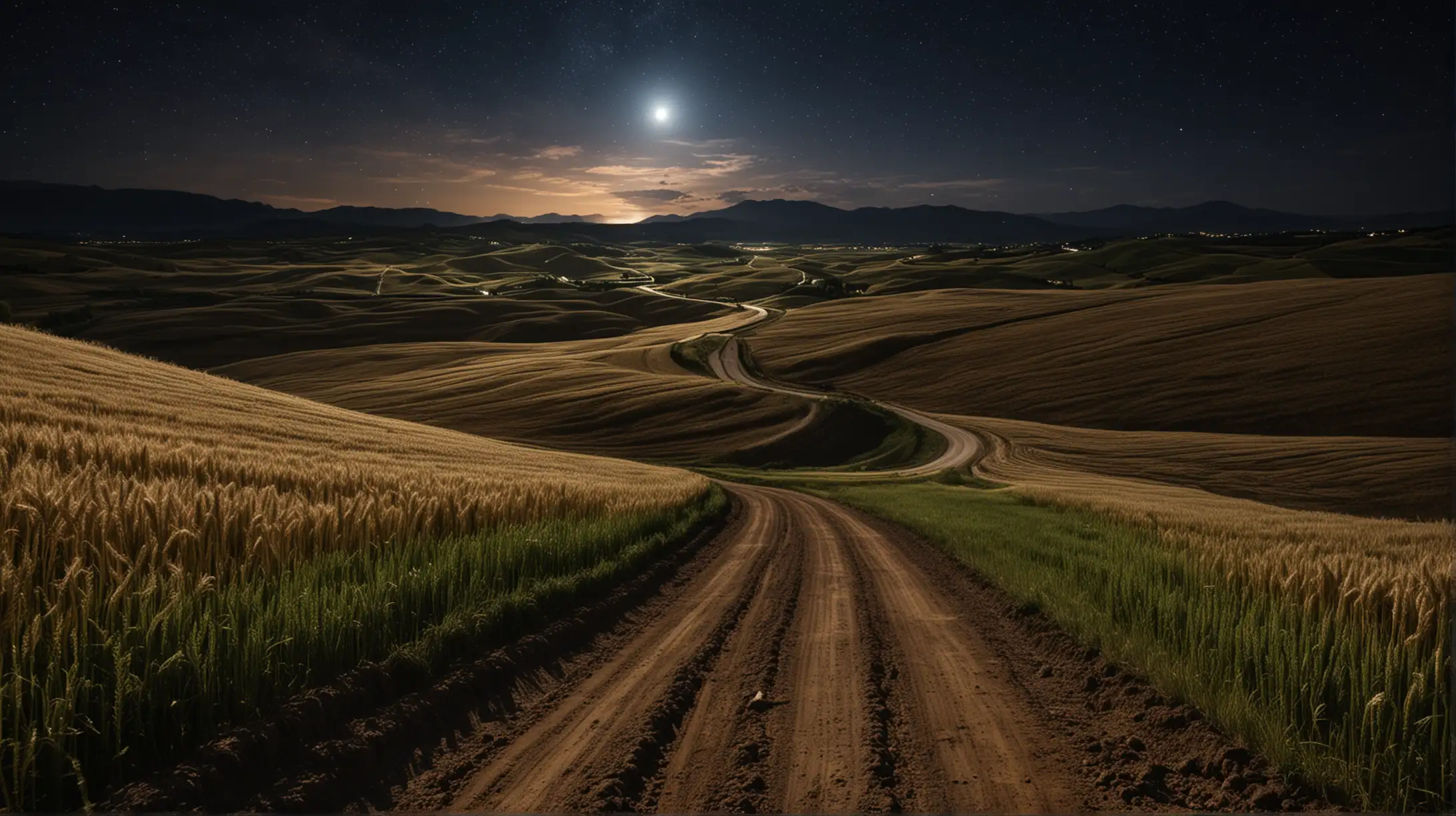 Curving Earth Road through Nighttime Wheat Fields