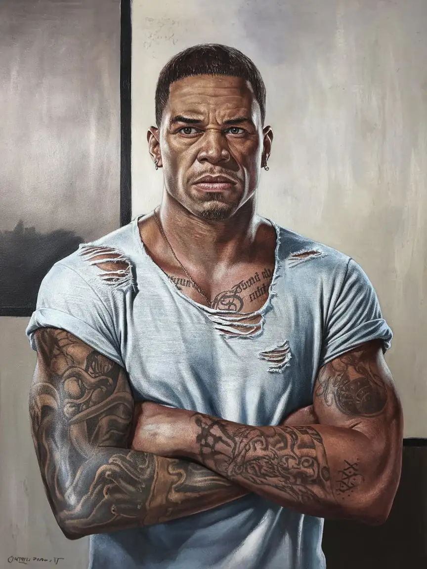 Portrait of a Tough African American Man with Tattoos and Ripped TShirt