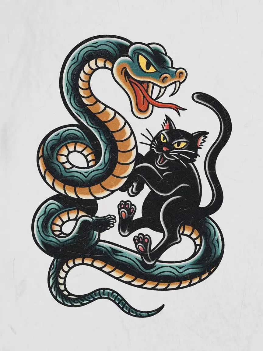 Snake Fighting with Black Cat in Retro Tattoo Style