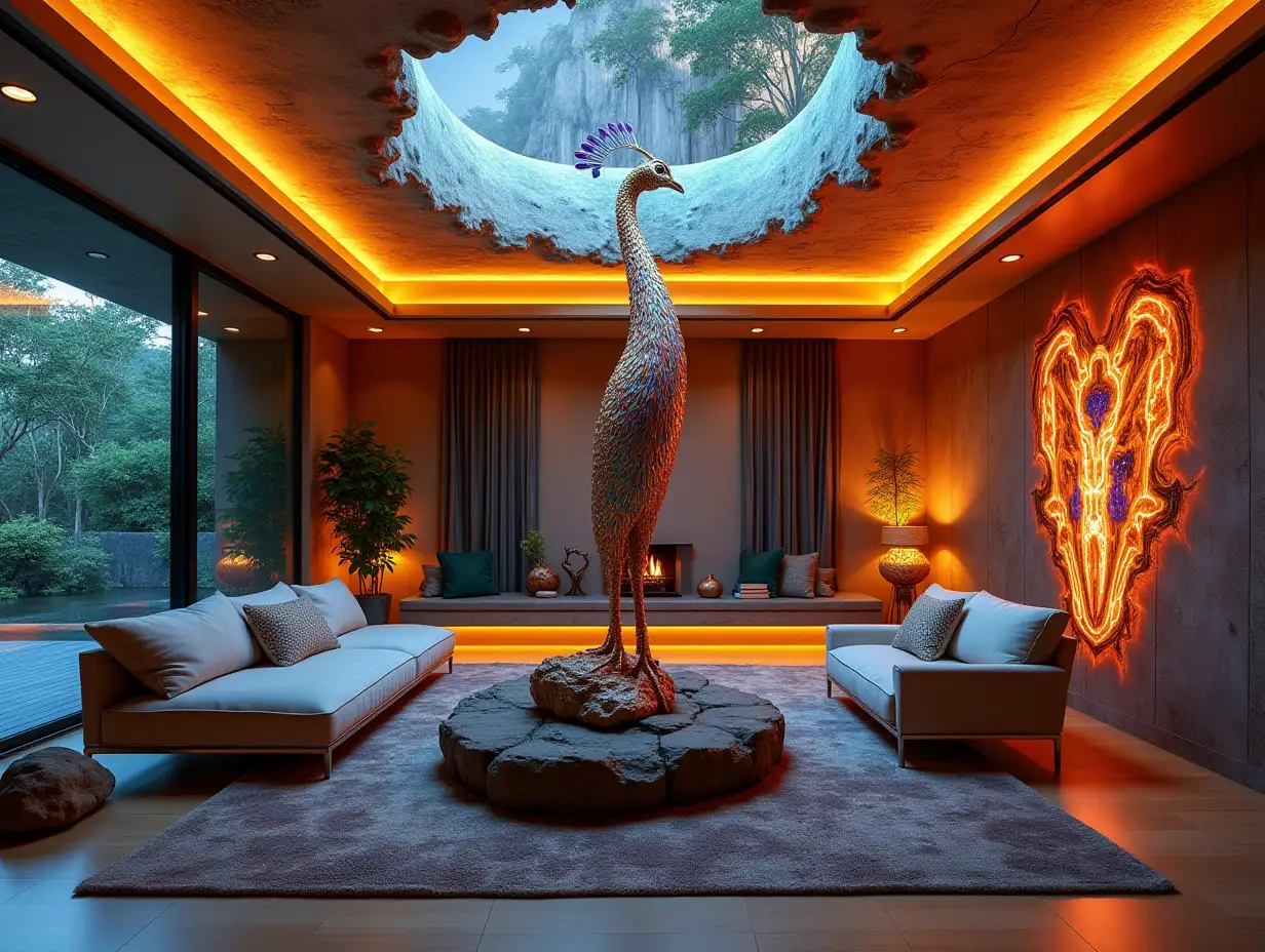 Large modern living room colorful statue made of glossy metal from a peacock statue, Illuminated ceiling with illuminated Attack on Titan image on the wall Zen-Garden with carefully tended rocks, meditative 180 degree shots 8K resolution Colorful