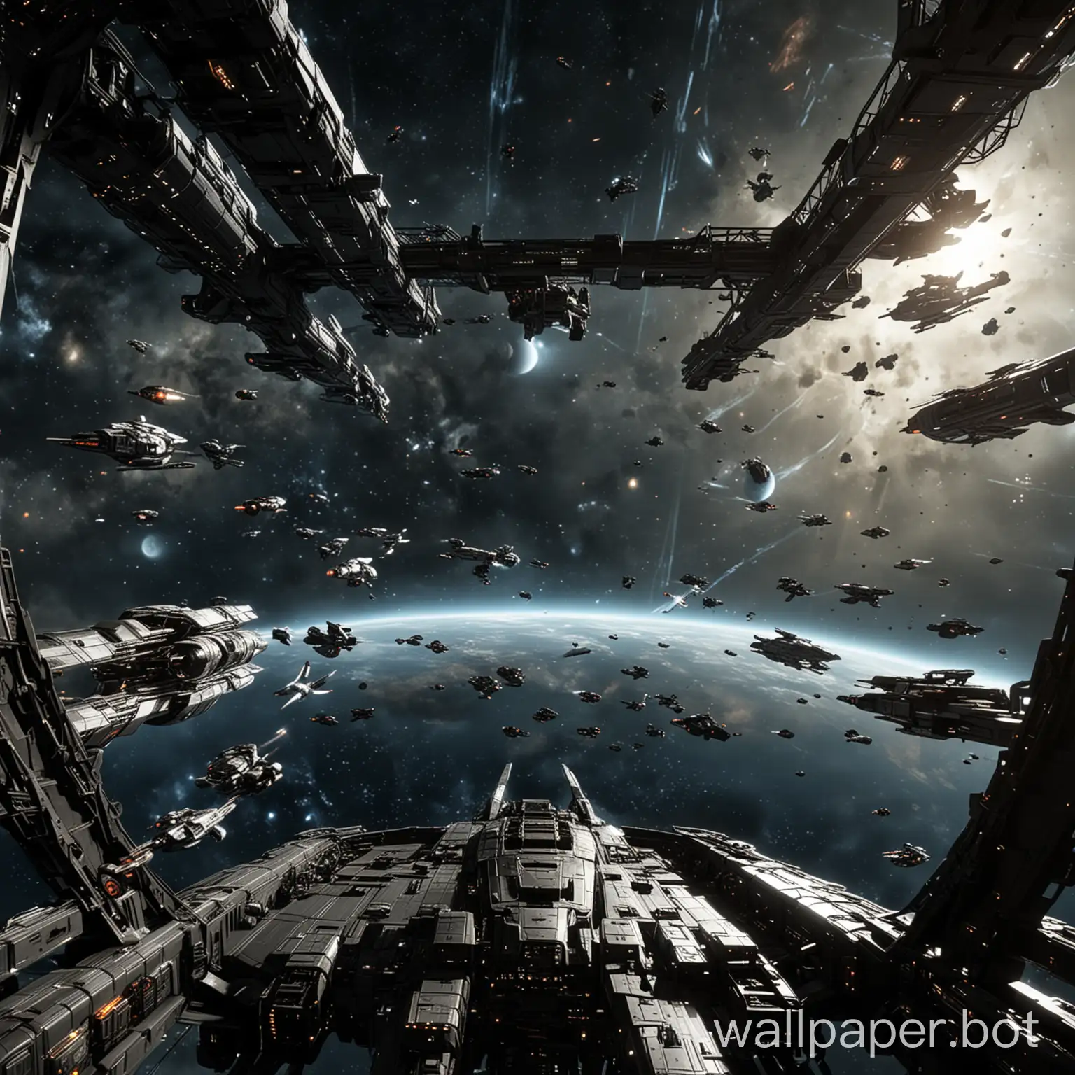 Looking out of the front window on a space bridge. In space there is a fleet all filled up in a patern use ships and space background from the game Eve online