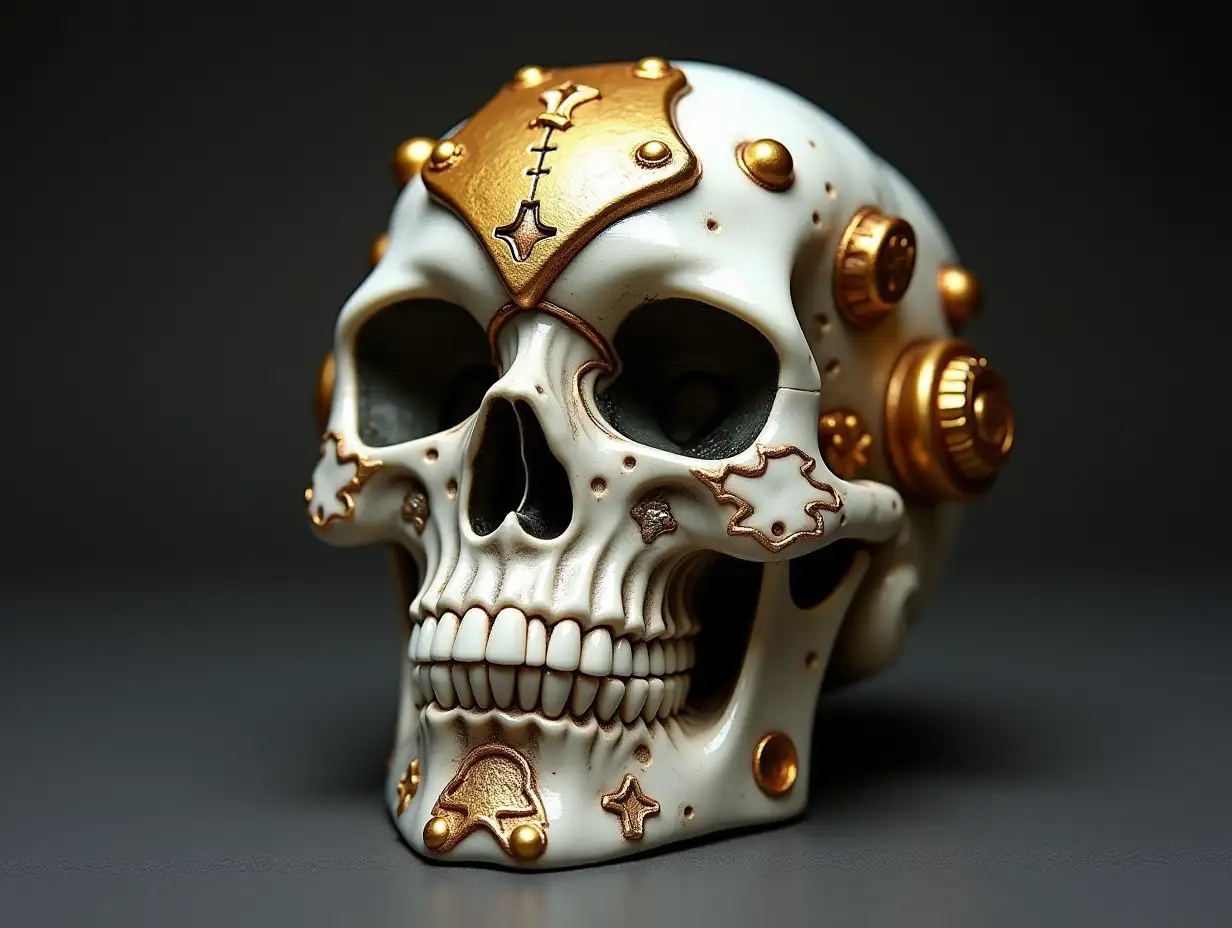 Cyber Totenkopf mit Glasaugen, Porcelain with golden ornaments Steampunk 100 mm Capture