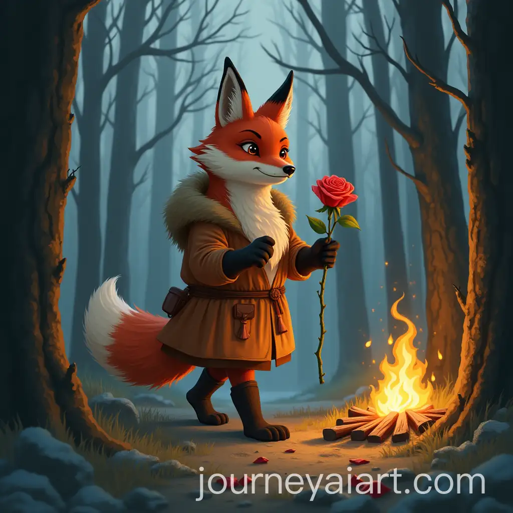 Anthropomorphic-Fox-withAI-Image-Prompt-Expansion-Rose-Walking-Through-a-Northern-Forest-with-Bonfire