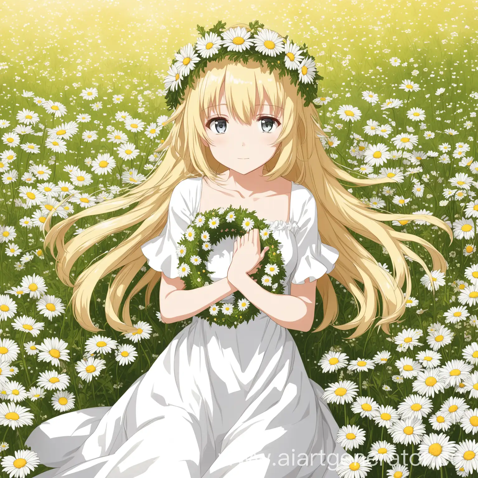 Blonde-Anime-Girl-in-White-Dress-Surrounded-by-Daisy-Wreath