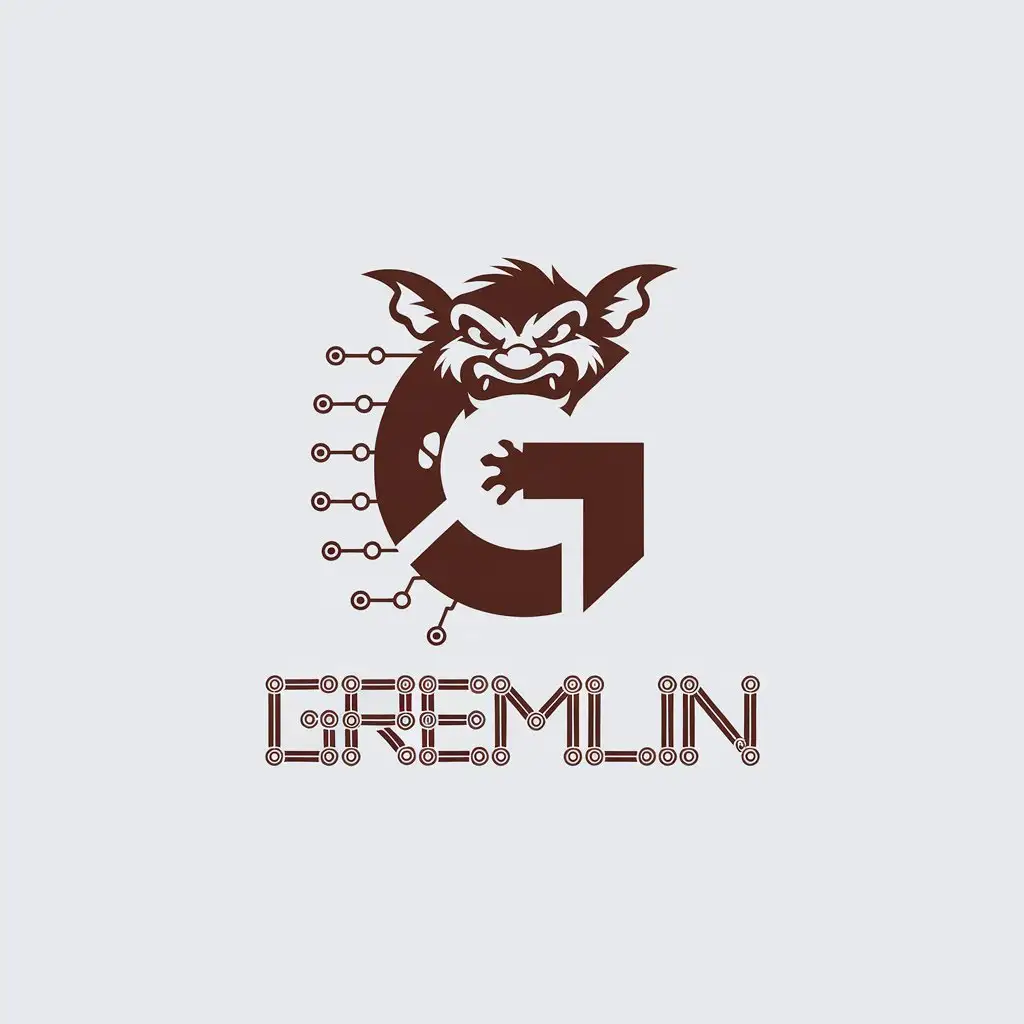 a vector logo design,with the text "Logo for a website of an organization engaged in testing and finding bugs and malfunctions. The text Gremlin should be present on the logo, styled as microchips or gears, and combined with the image of an enraged gremlin.", main symbol:G, gremlin,Minimalistic,be used in testing software industry,clear background