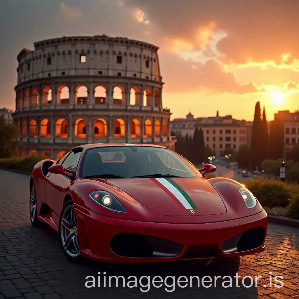 Ferrari-Sports-Car-in-Front-of-the-Colosseum-at-Sunset-with-Italian-Flag